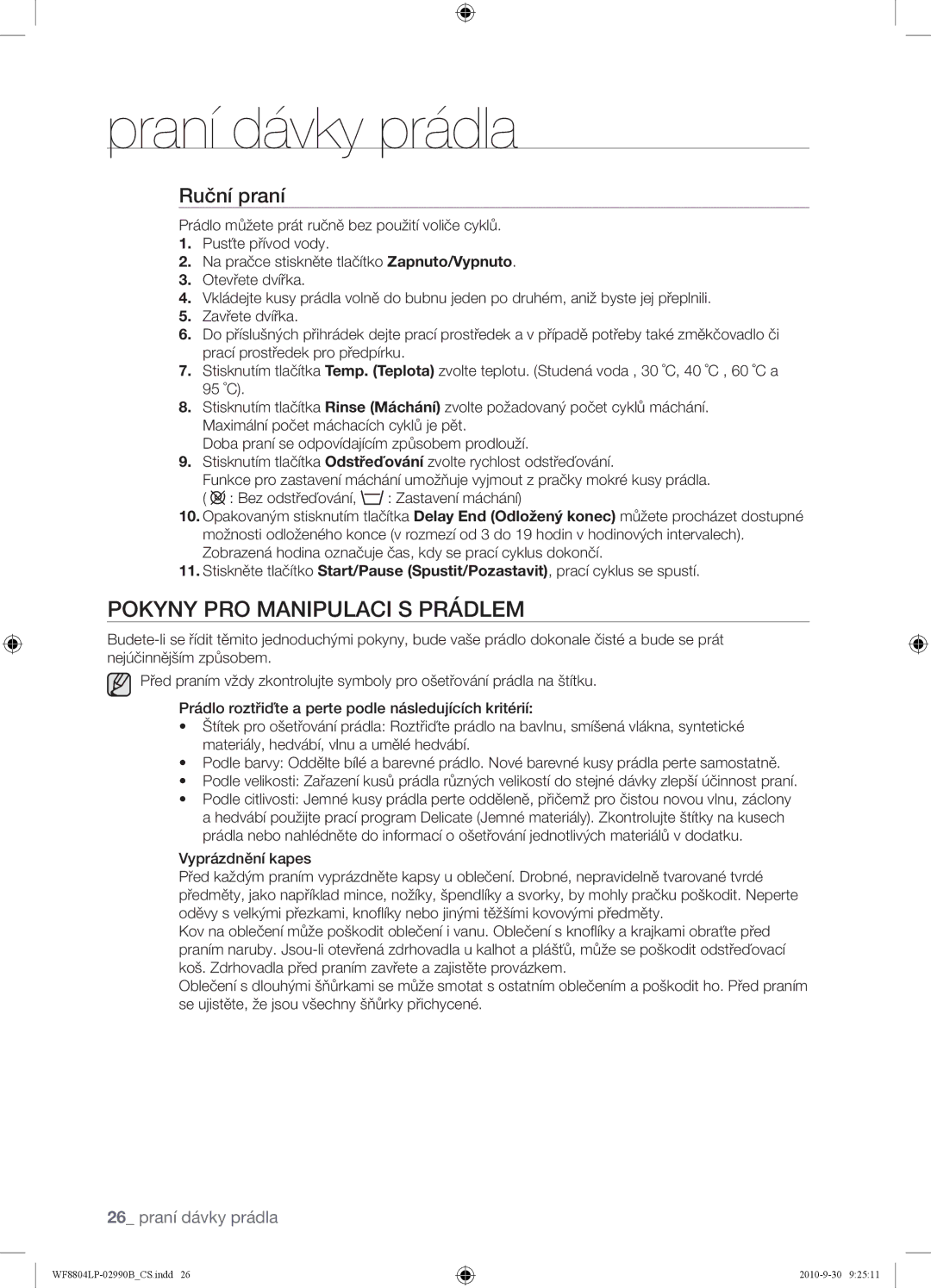 Samsung WF8804LPV/XEH manual Pokyny PRO Manipulaci S PRÁDLEM, Ruční praní 